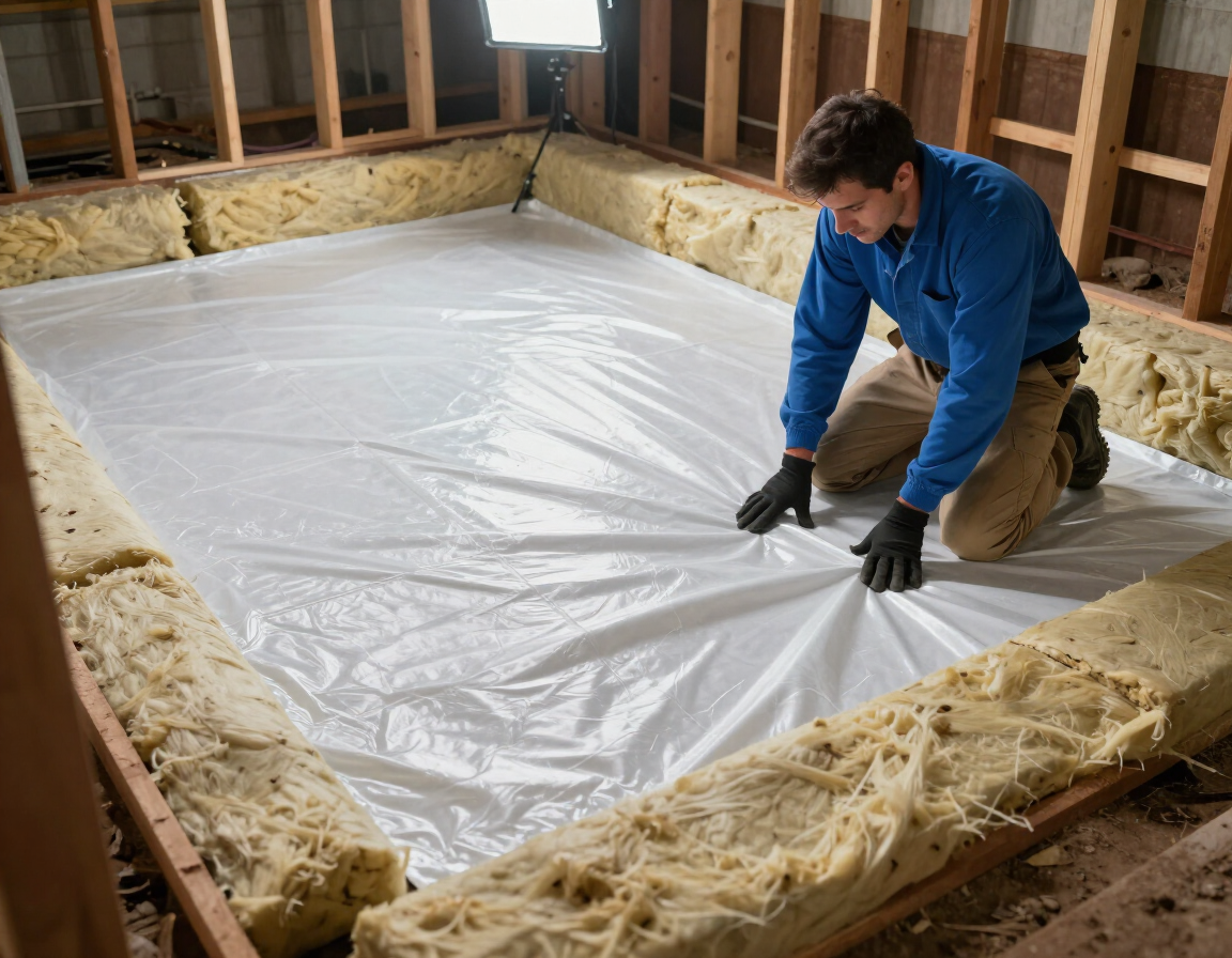 Crawl space vapor barrier installation in progress