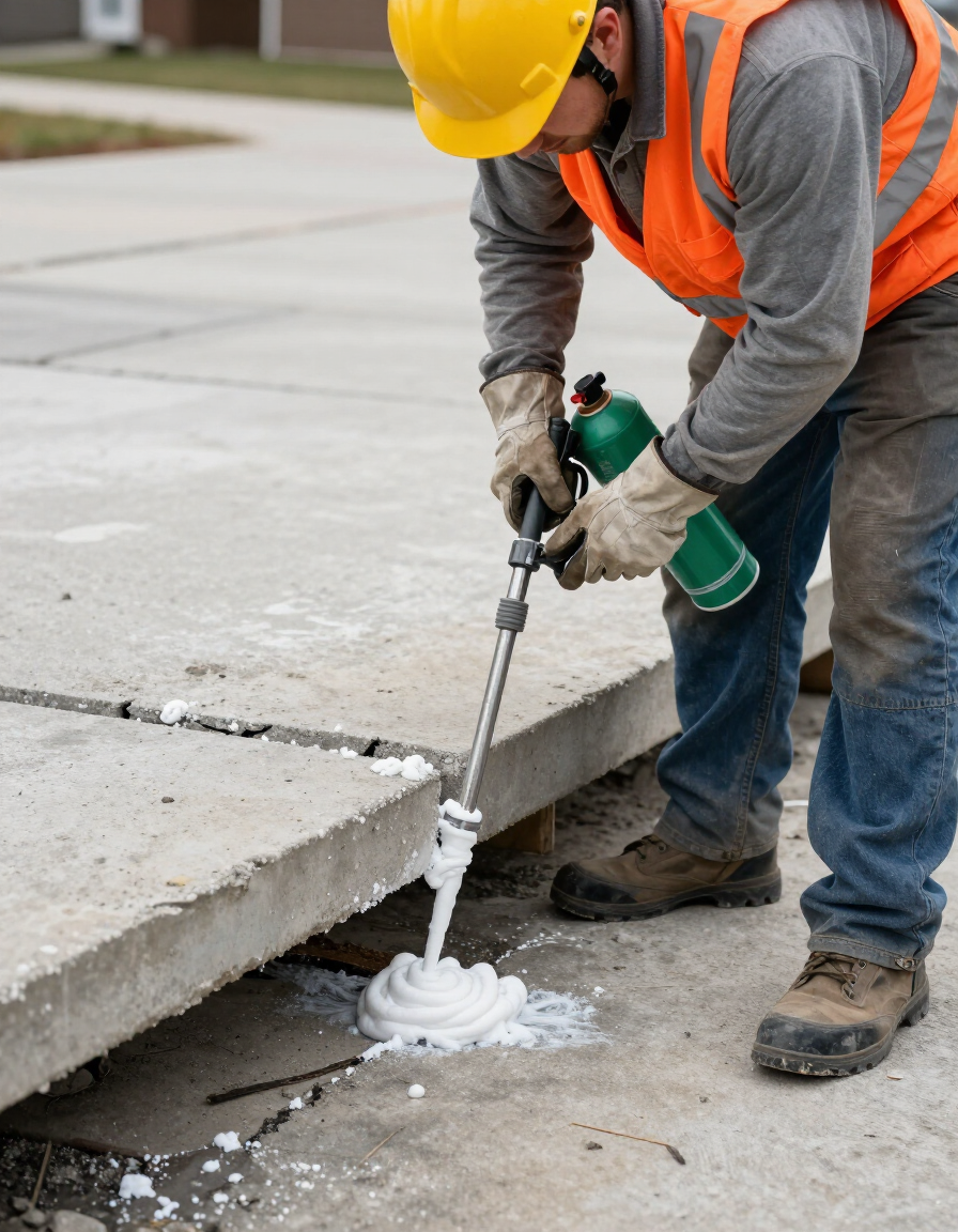 Worker injecting foam beneath a sunken concrete driveway slab