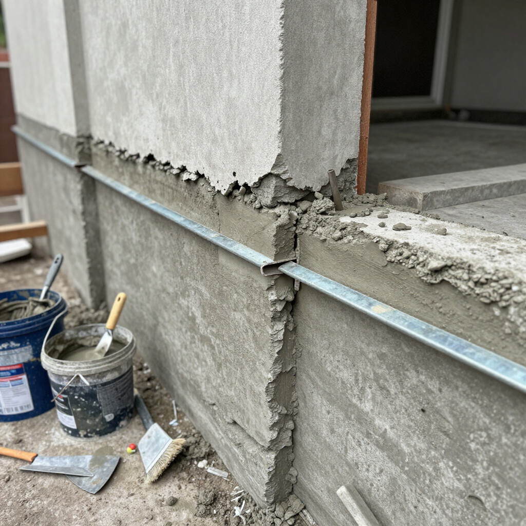 Worker in a neon vest repairing siding on a house exterior. try n