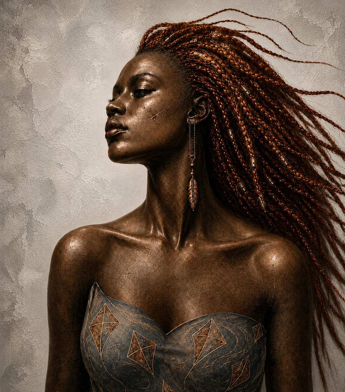 Portrait of a woman with long braided hair in a shimmering strapless dress, gazing left against a textured background
