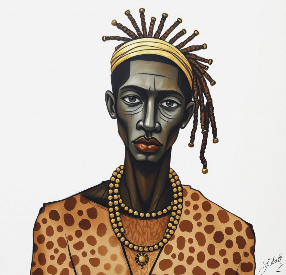 Stylized portrait of a person with dark skin, beaded headwrap, necklace, and patterned top on a white background
