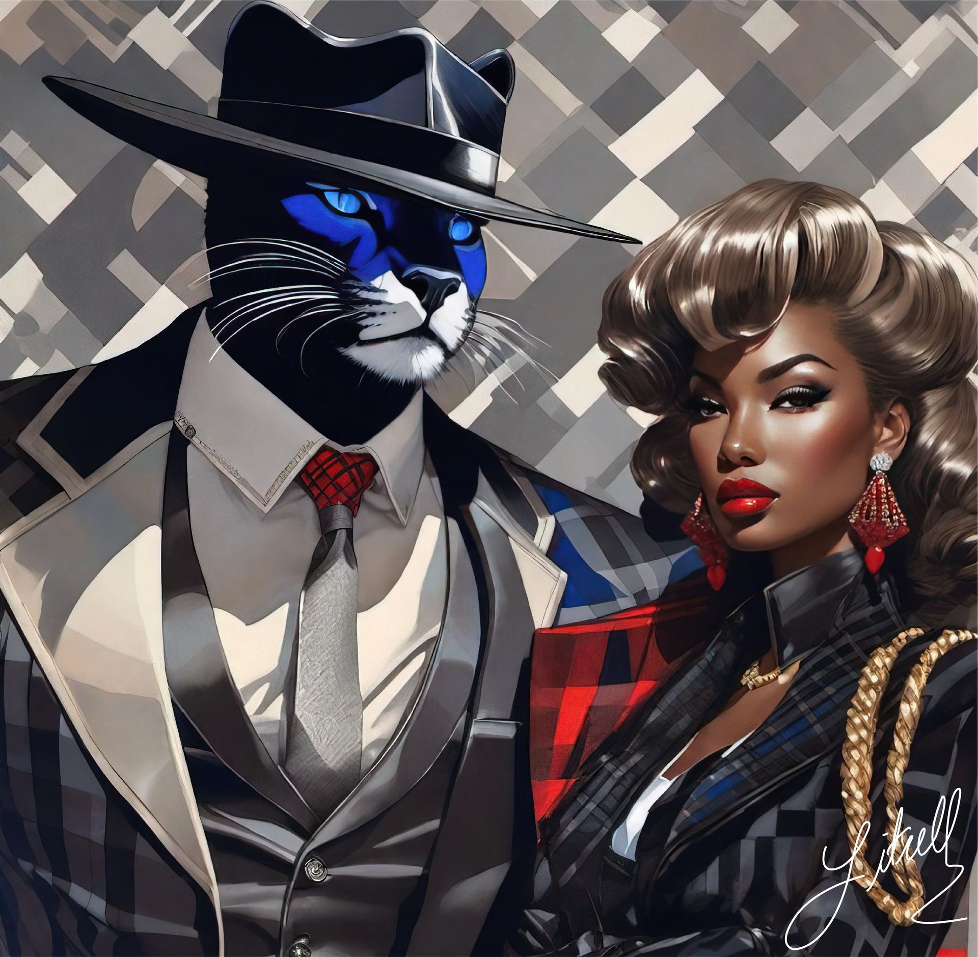 Stylized cat and woman in formal attire posing against a geometric patterned background.
