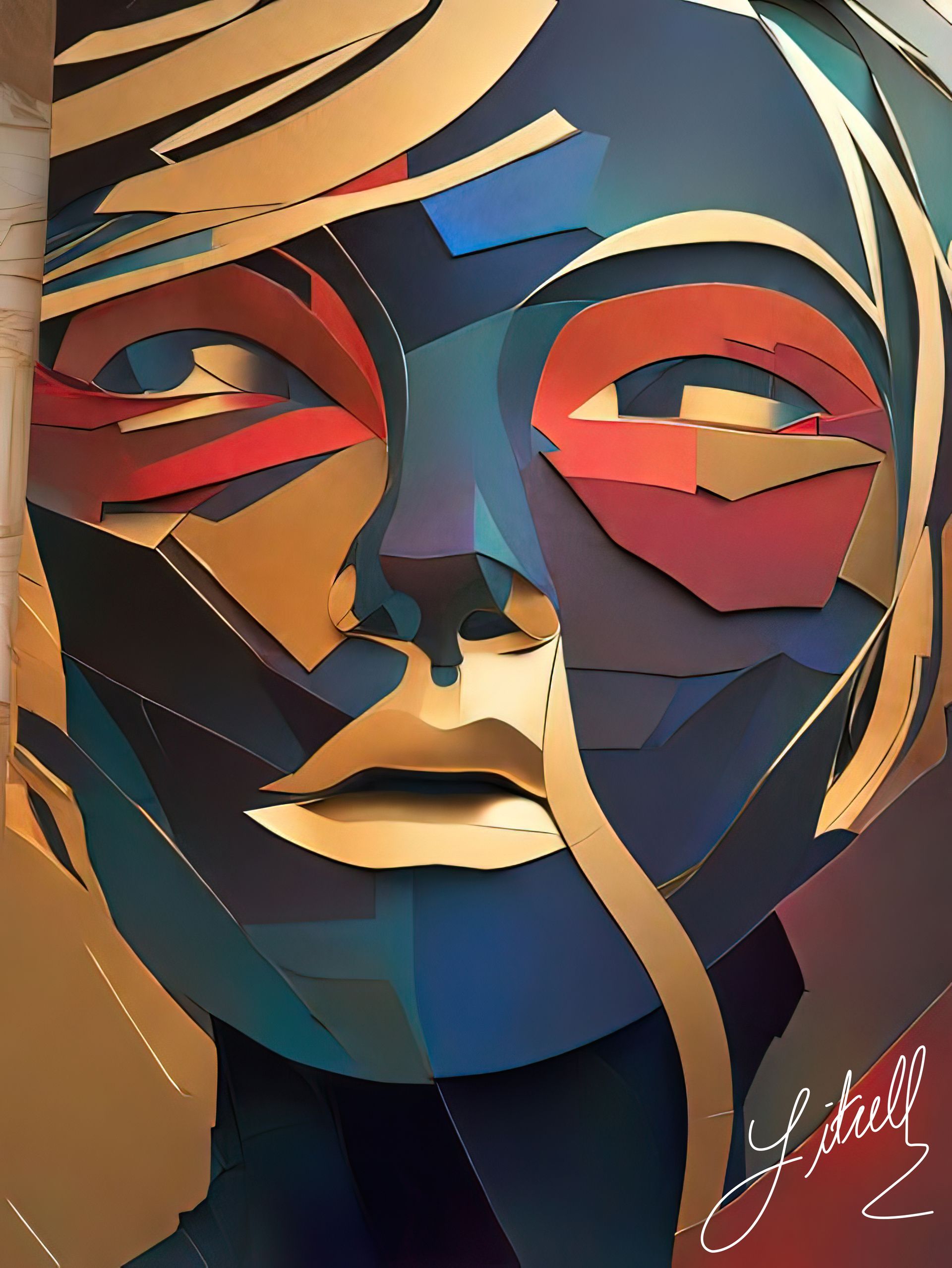 Abstract portrait of a face in bold blue, gold, and red geometric shapes with closed eyes