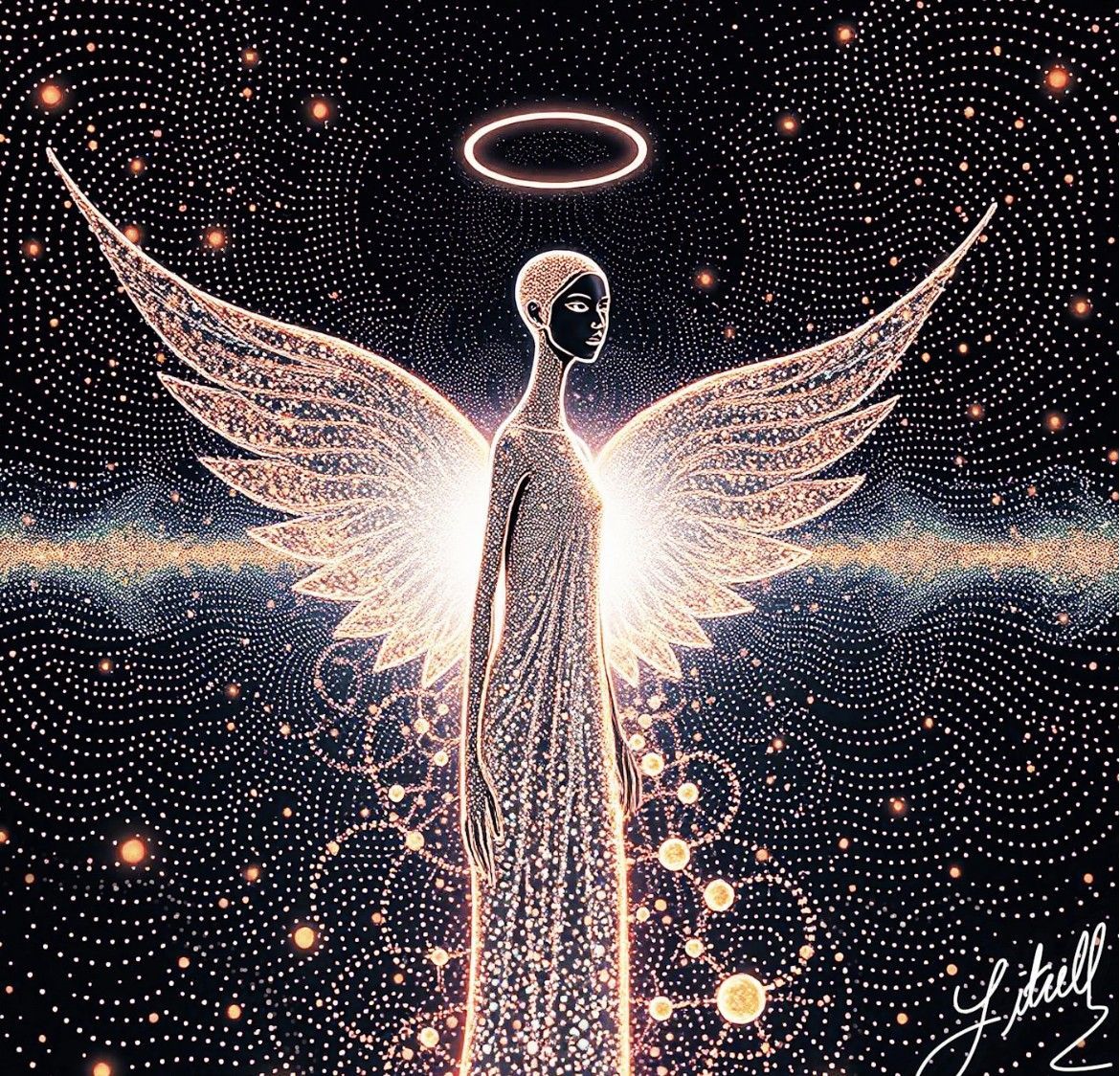 Glowing winged figure with halo in a starry cosmic scene