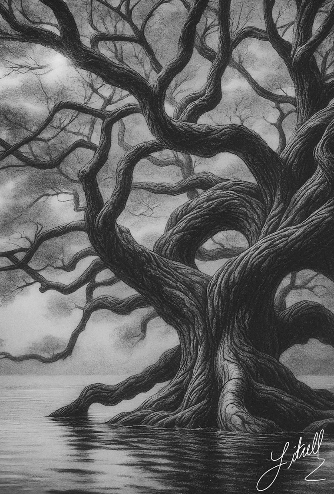 Dark, gnarled tree with twisted bare branches against a cloudy sky in black-and-white sketch style