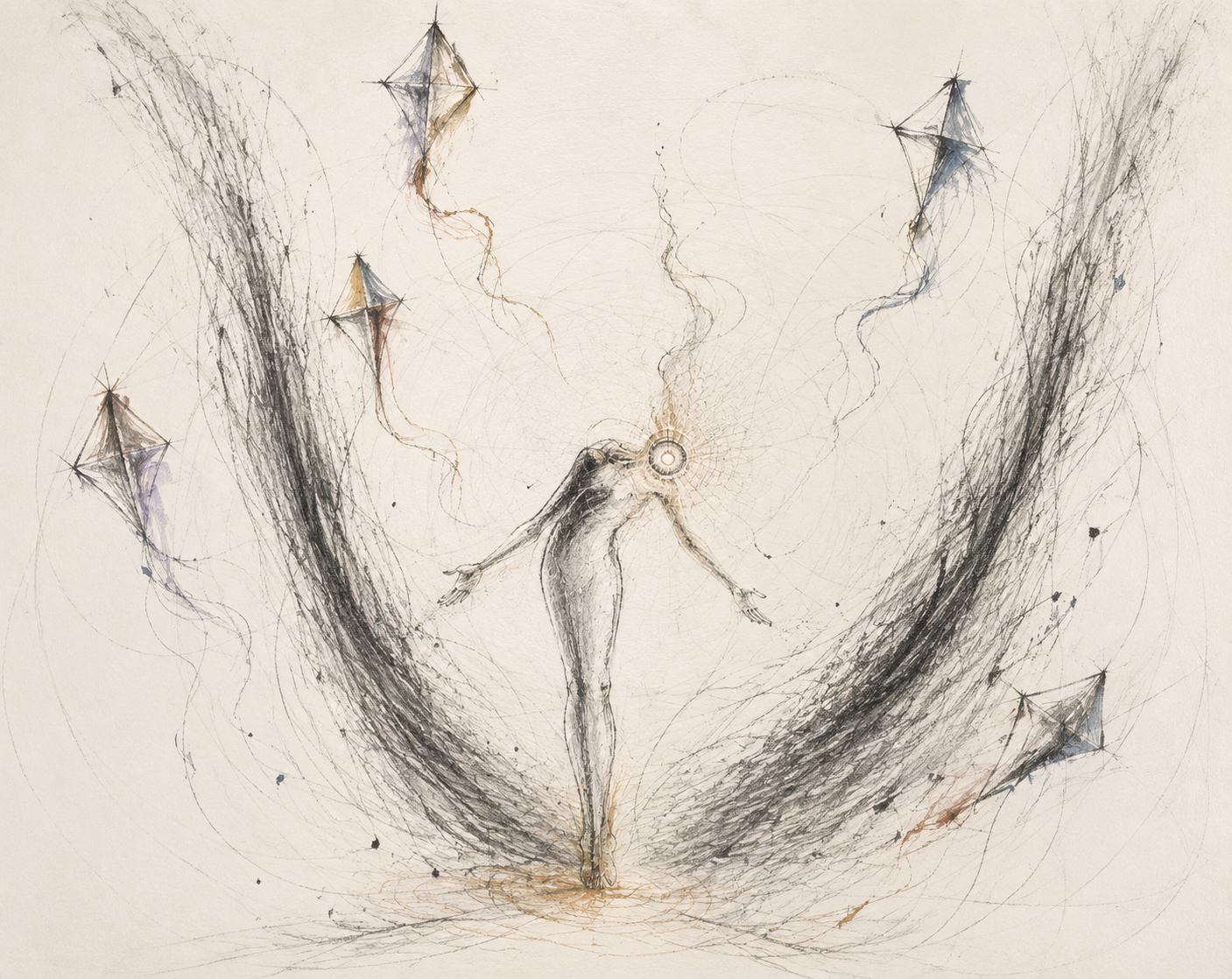 Abstract pencil sketch of a figure with raised arms and sweeping charcoal lines on a white background