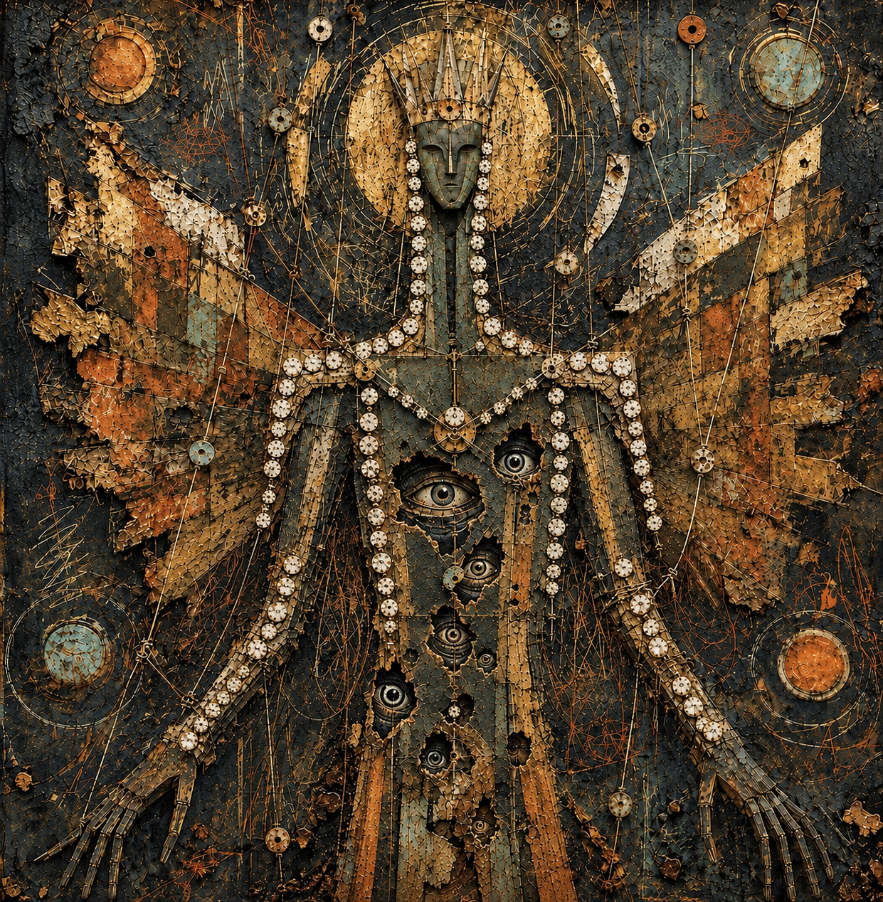 Abstract figure with outstretched arms in earthy orange, brown, and black tones, surrounded by circular motifs