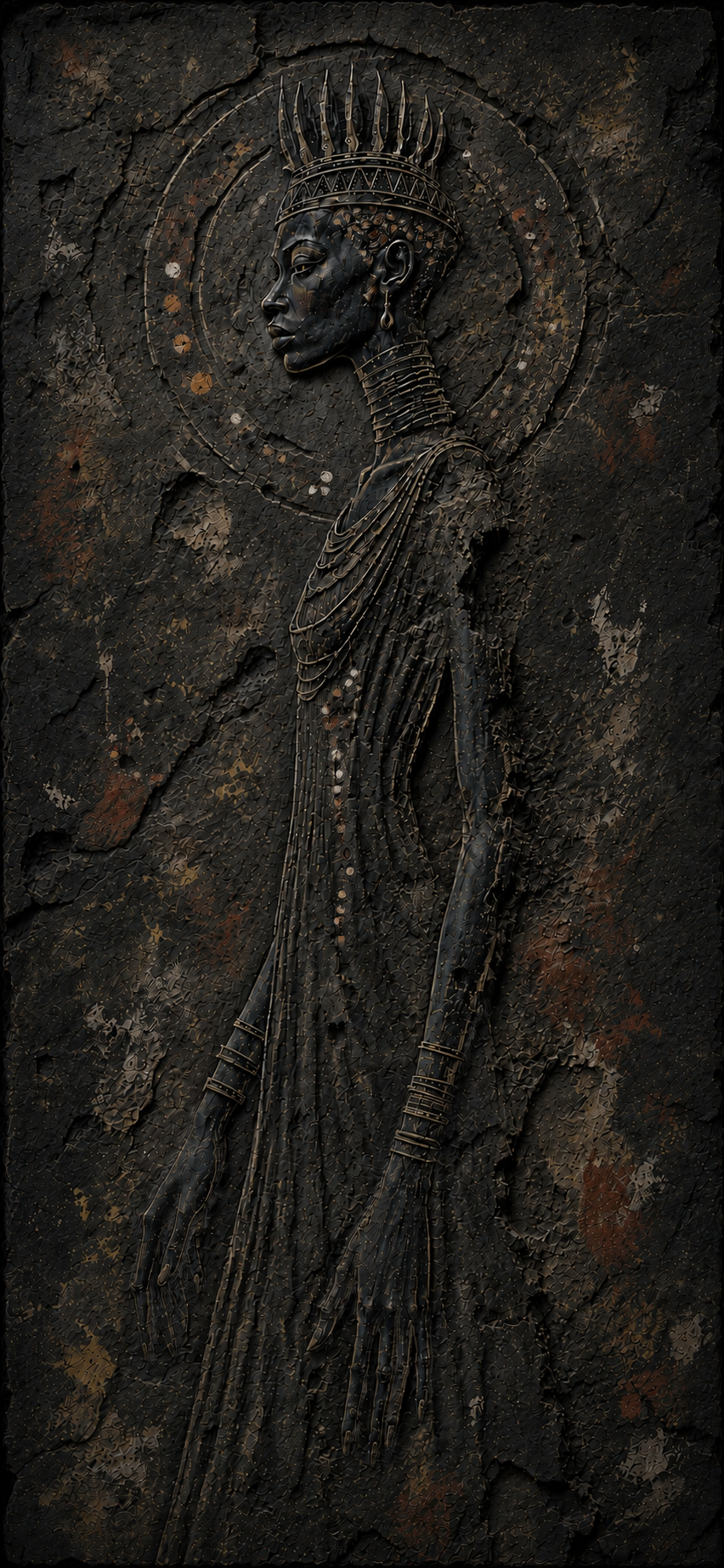 Dark, weathered relief of a crowned robed figure in profile against a black background