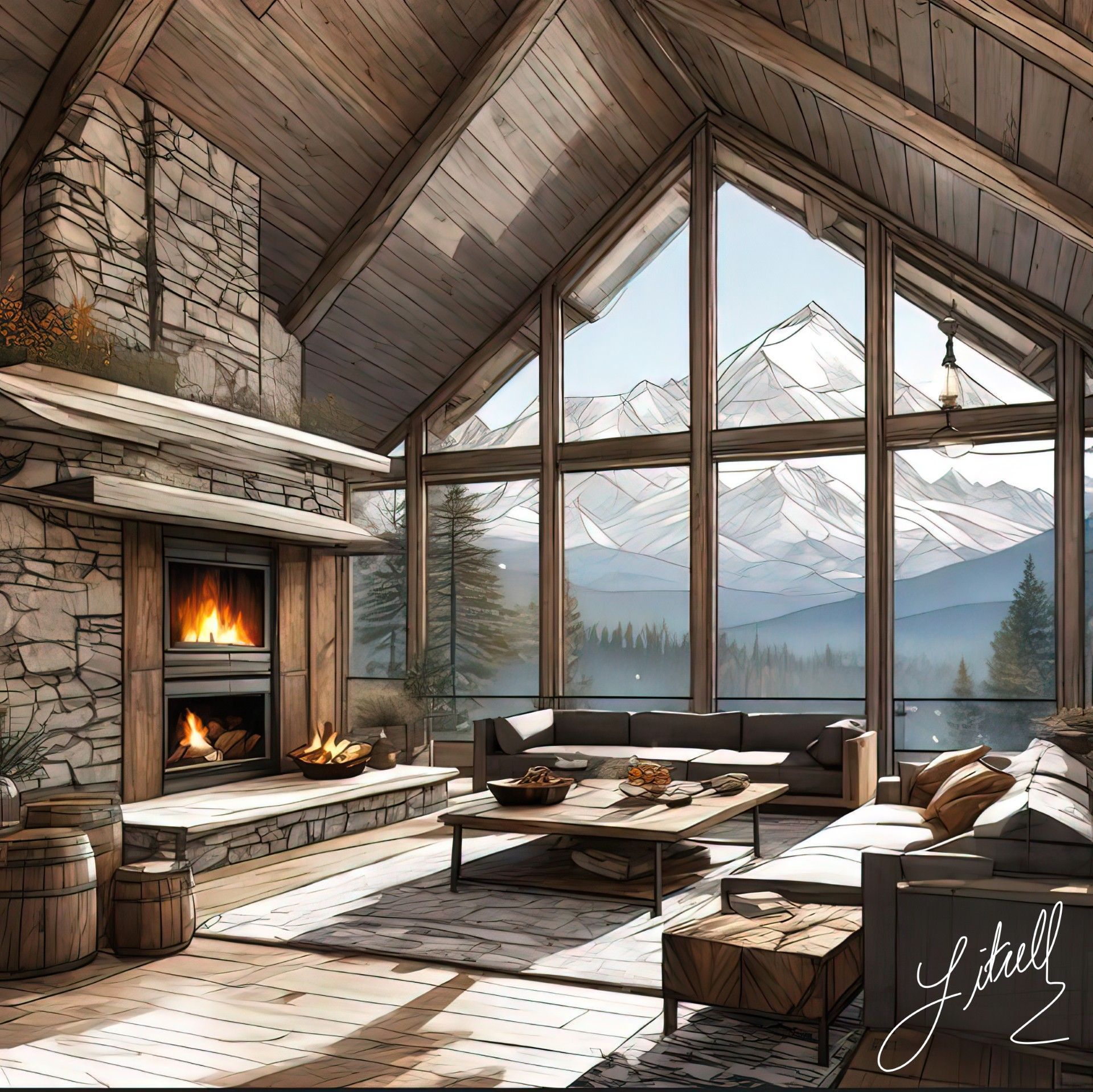Cozy mountain cabin living room with stone fireplace and large windows overlooking snowy peaks and forest.