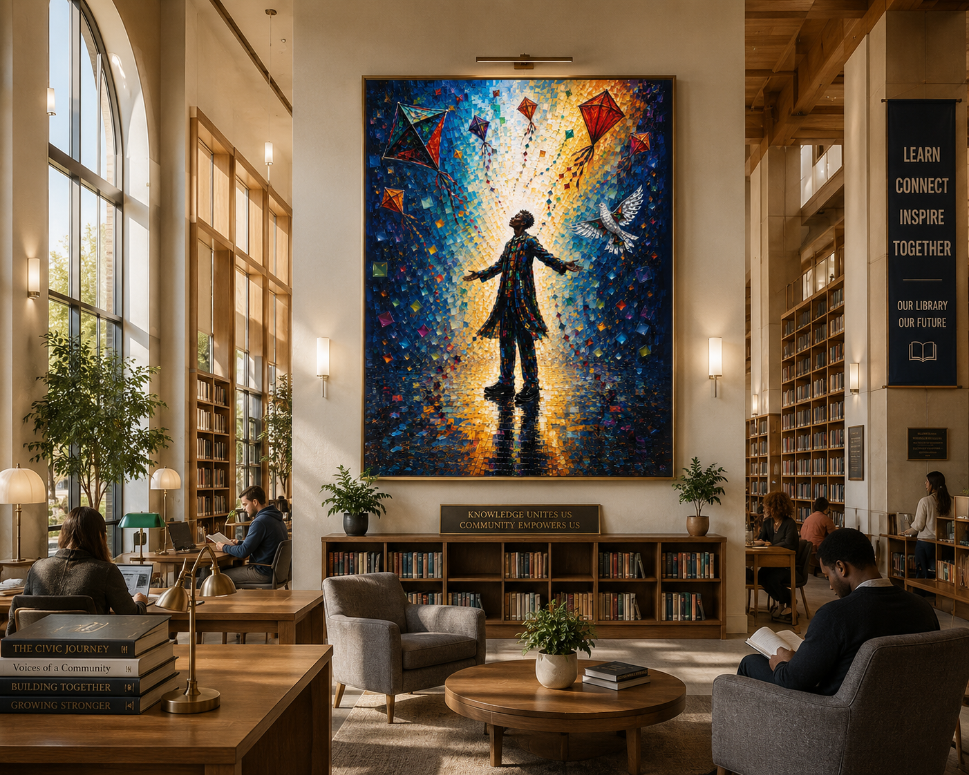 Modern library lounge with a large colorful abstract painting above bookshelves and seated patrons