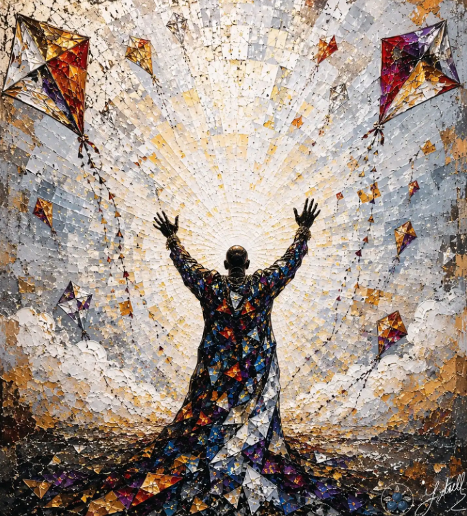 Figure in a colorful robe raises arms toward radiant light, with kites in a mosaic-like scene.