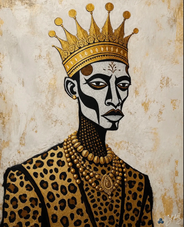 Stylized portrait of a crowned figure in a leopard-print robe against a textured beige background