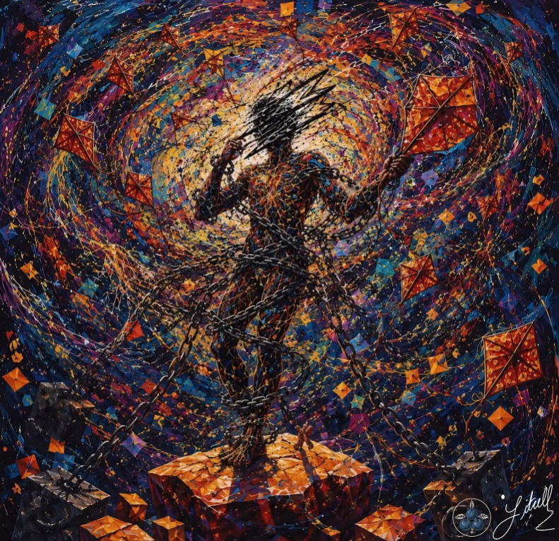 Silhouetted dancer in a colorful abstract cosmic swirl of orange, blue, and purple