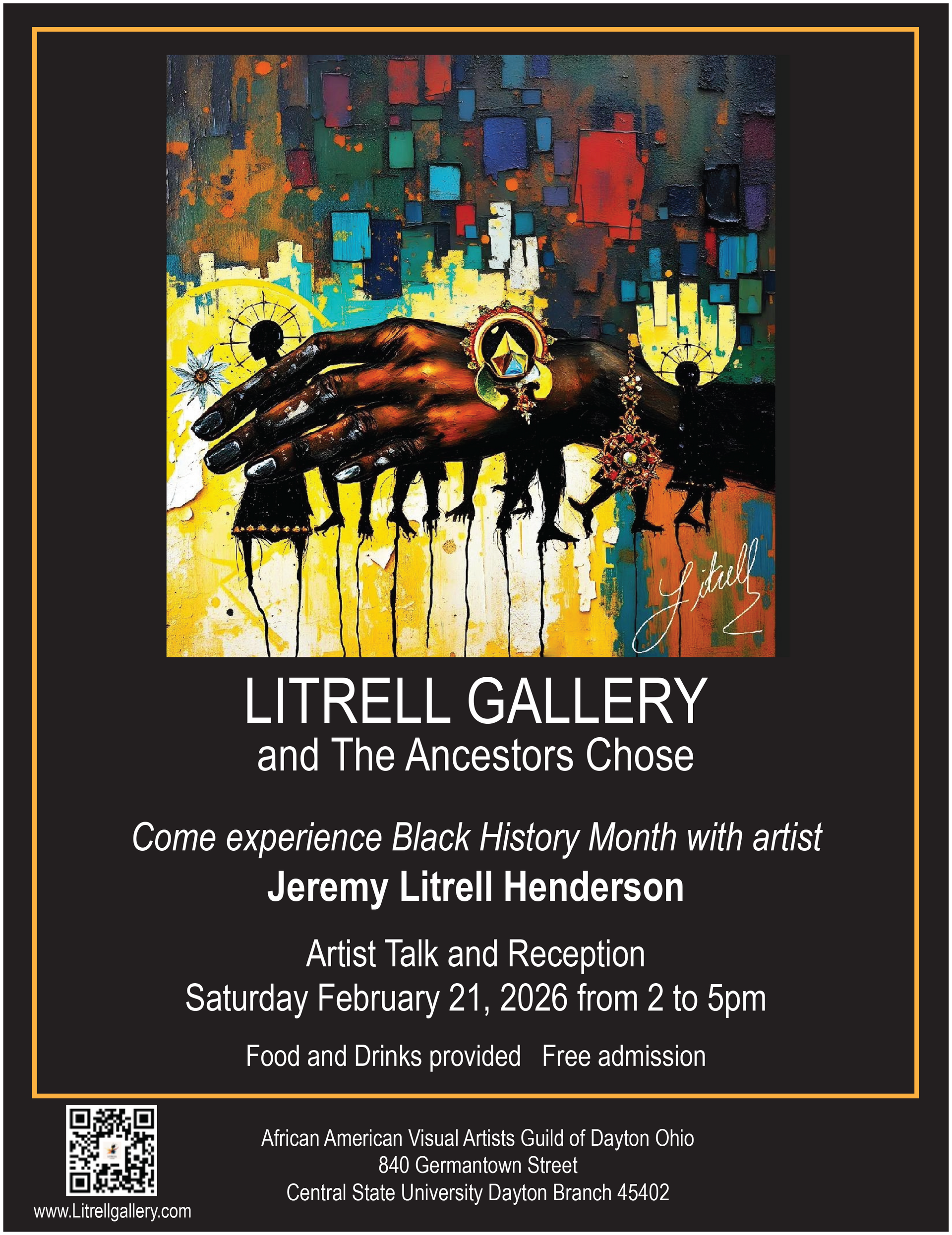 LITRELL GALLERY event poster with abstract painting in black, yellow, red, and blue on dark background
