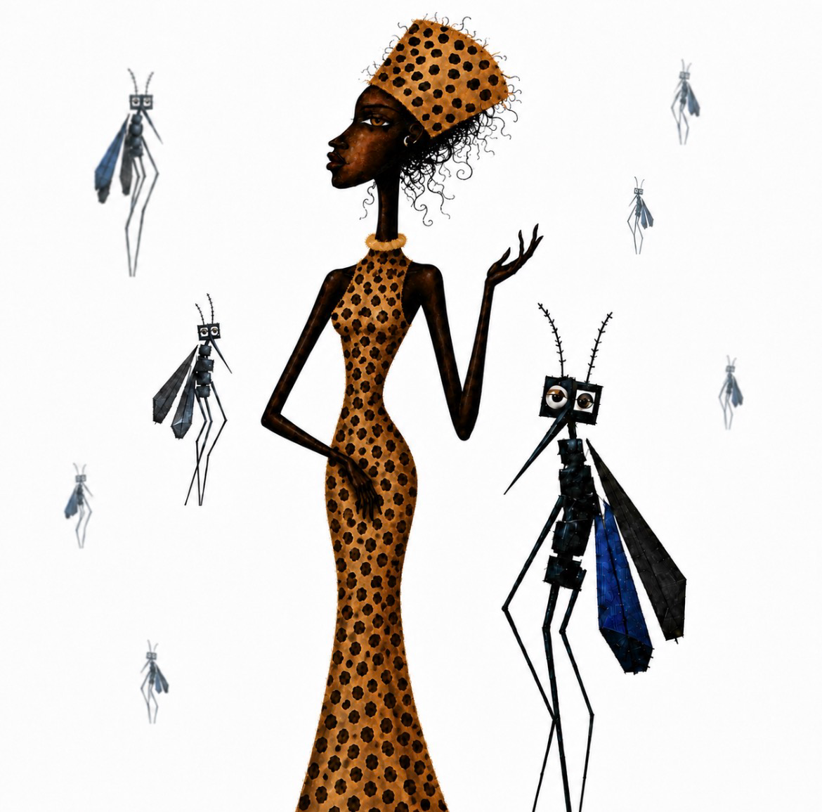 Stylized leopard-print woman stands among mosquitoes on a white background.