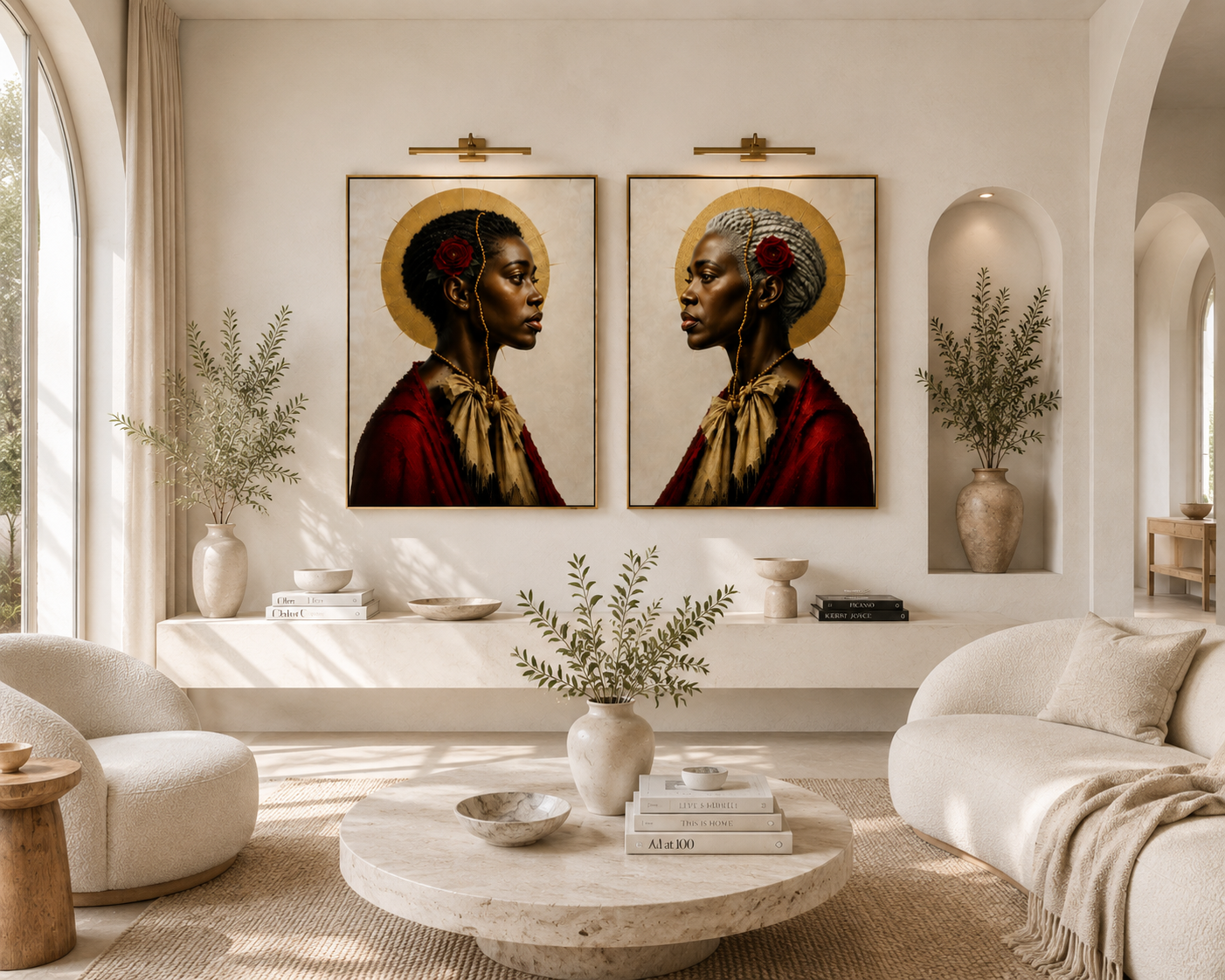 Elegant beige living room with twin profile portraits, arched windows, and a round coffee table with vase and books
