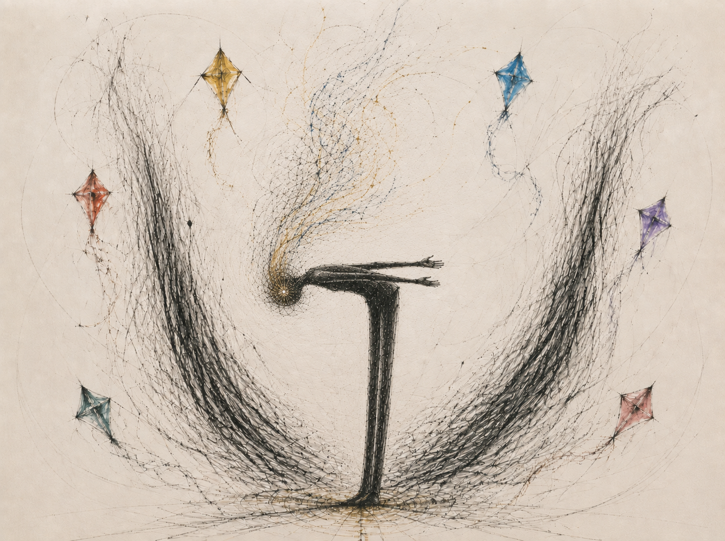 Abstract drawing of a person on a swing, with colorful stars around them on a beige background