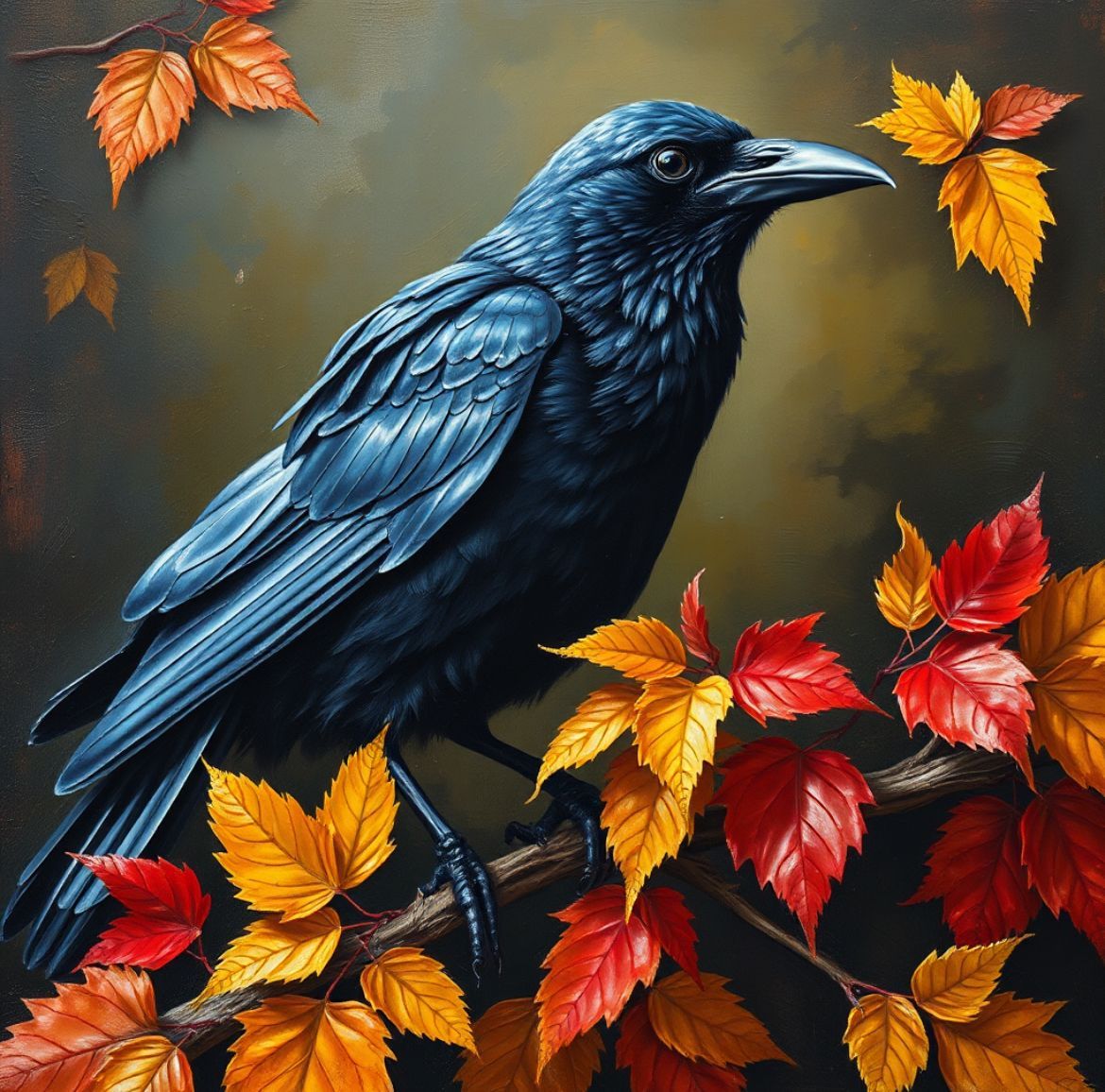 Blue-black raven perched on a branch, framed by red, orange, and yellow autumn leaves.