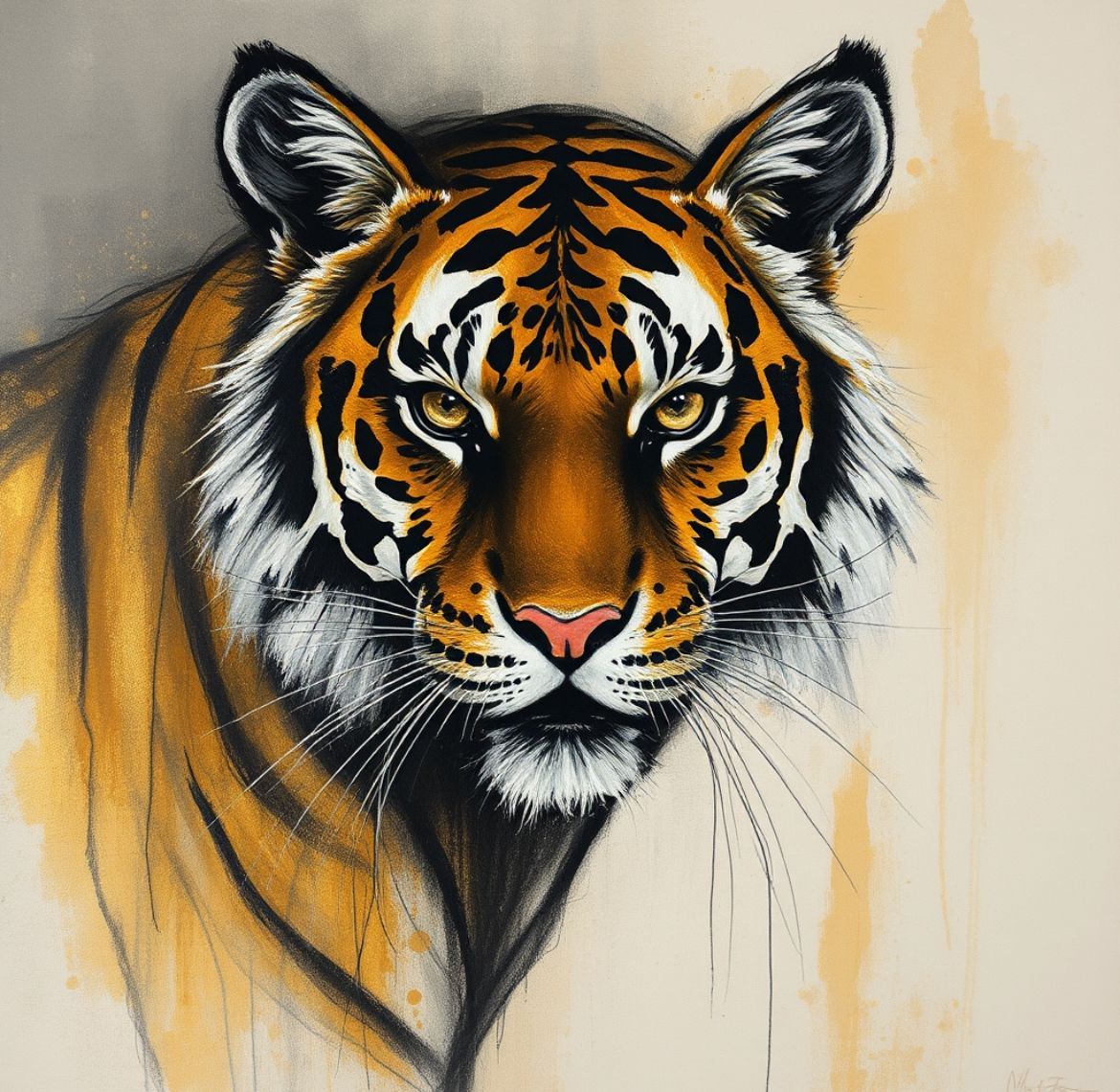 Portrait of a tiger with vivid orange and black stripes on a light background
