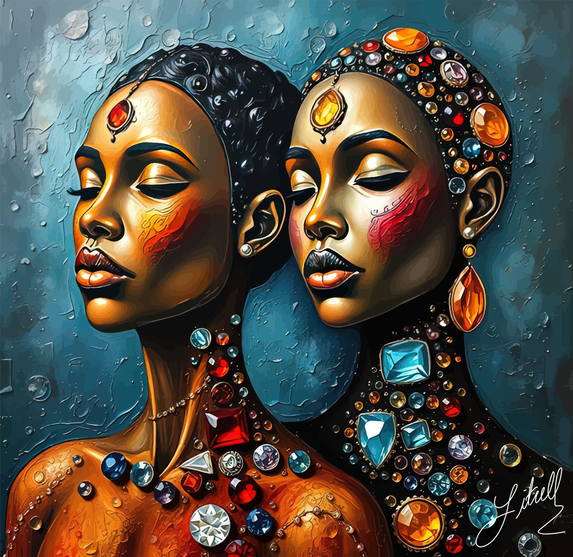 Two jeweled portrait figures in profile against a blue textured background, with warm gold and red accents