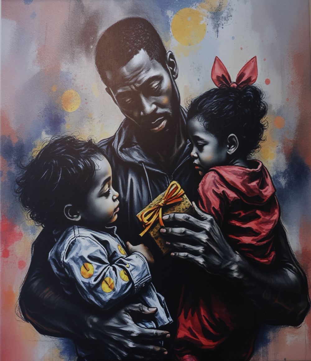 Parent holding two children, one in a red dress and one in a blue jacket, in a soft-painted portrait.