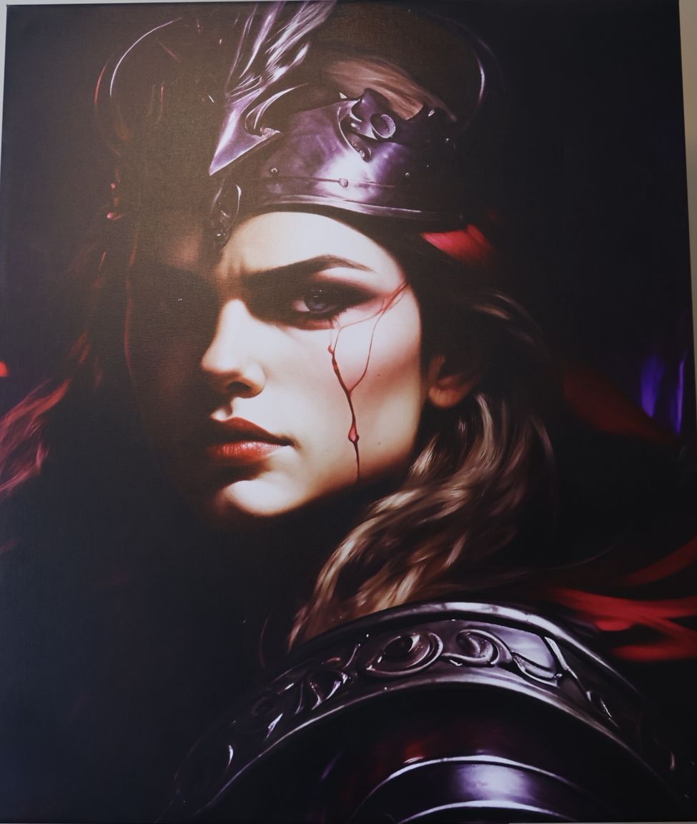 Fantasy warrior in silver armor and helmet, with long hair and a red tear-like streak on her cheek.