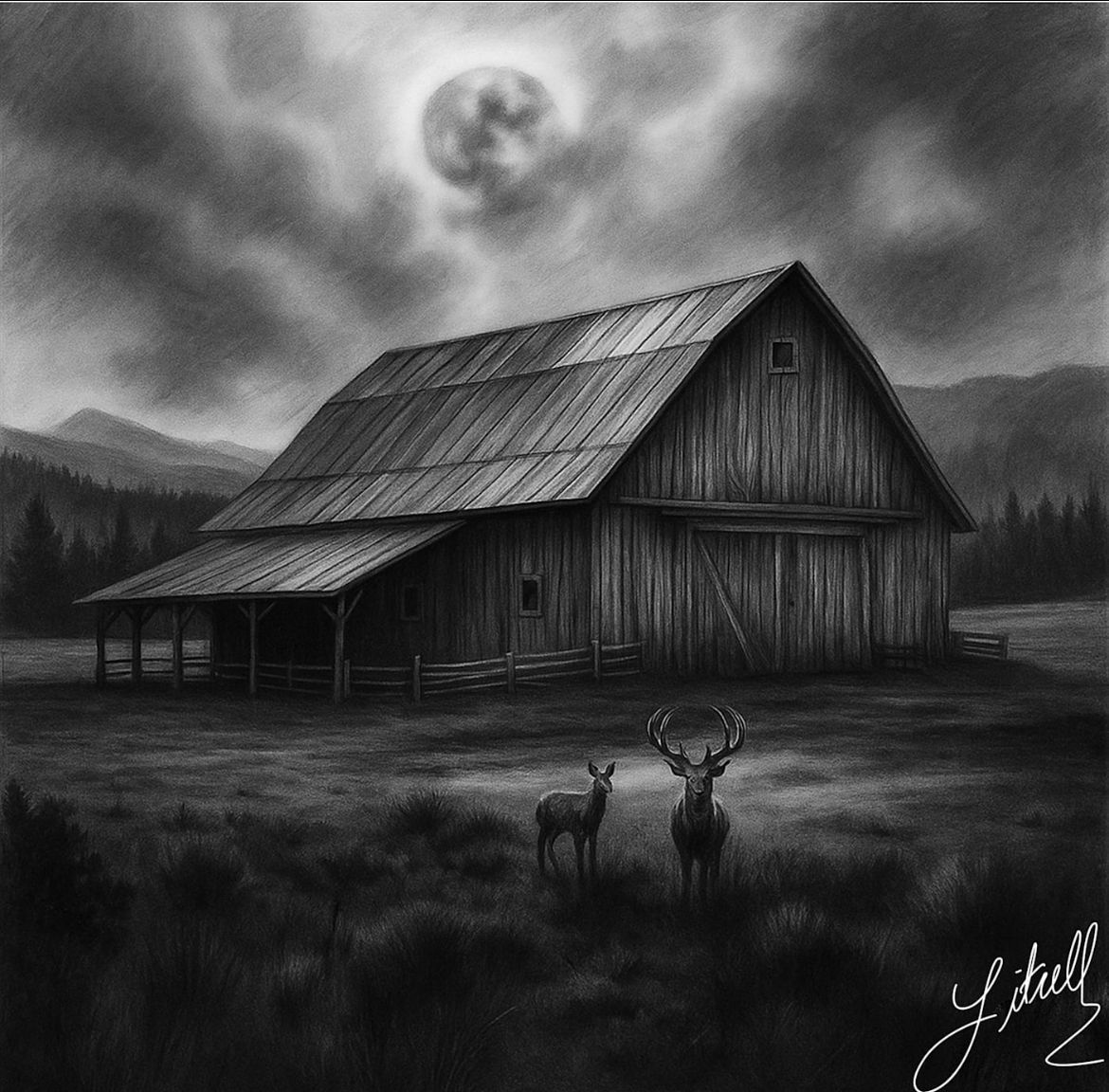 Moonlit barn in a dark rural field with two deer in the foreground.