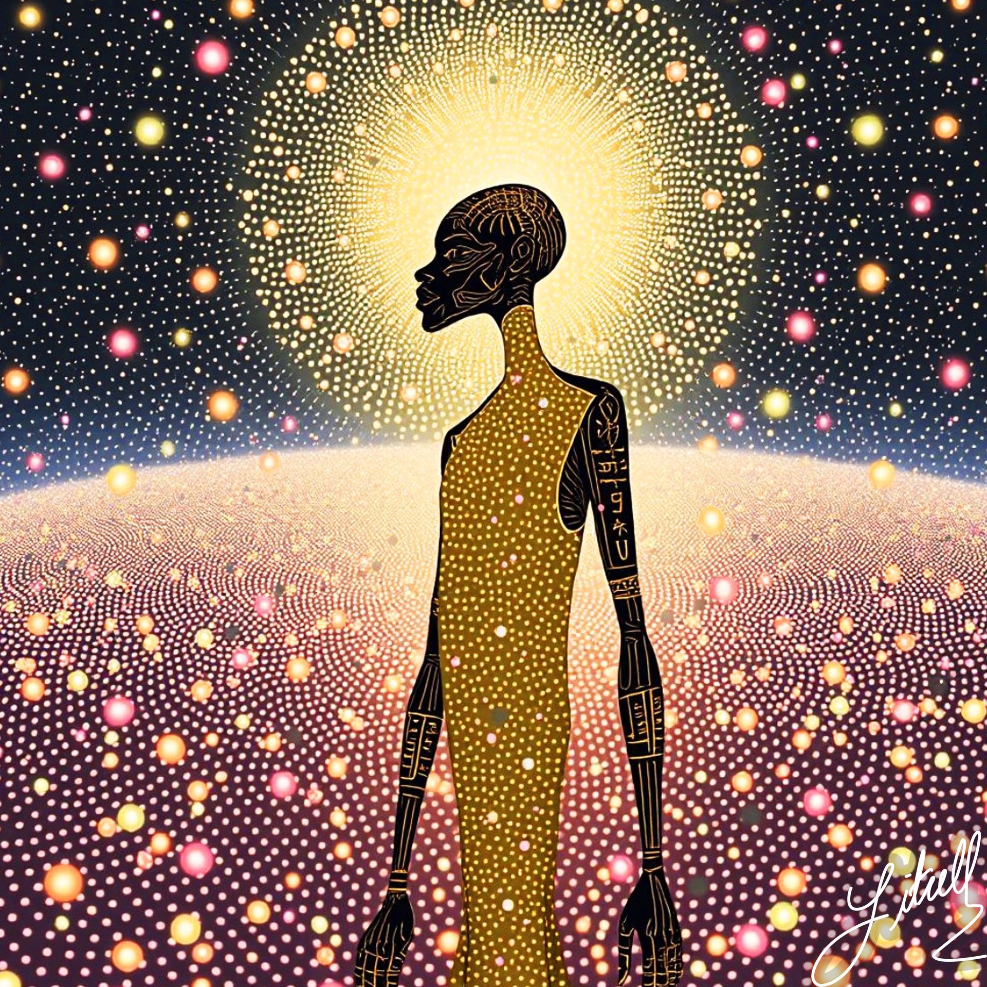 Abstract silhouette with glowing halo and starry cosmic background, standing amid a field of shimmering lights