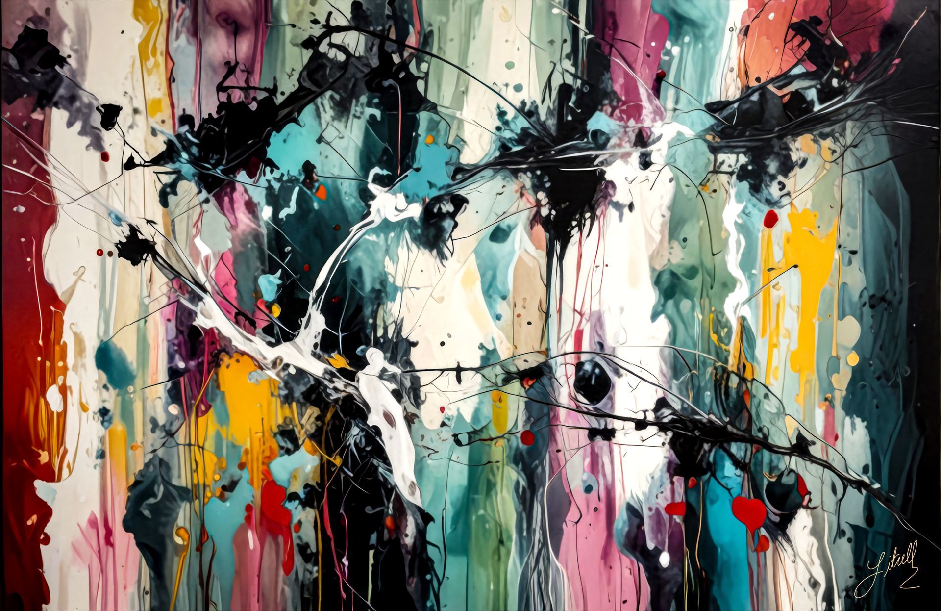 Abstract painting with black, white, pink, teal, and yellow splashes and drips