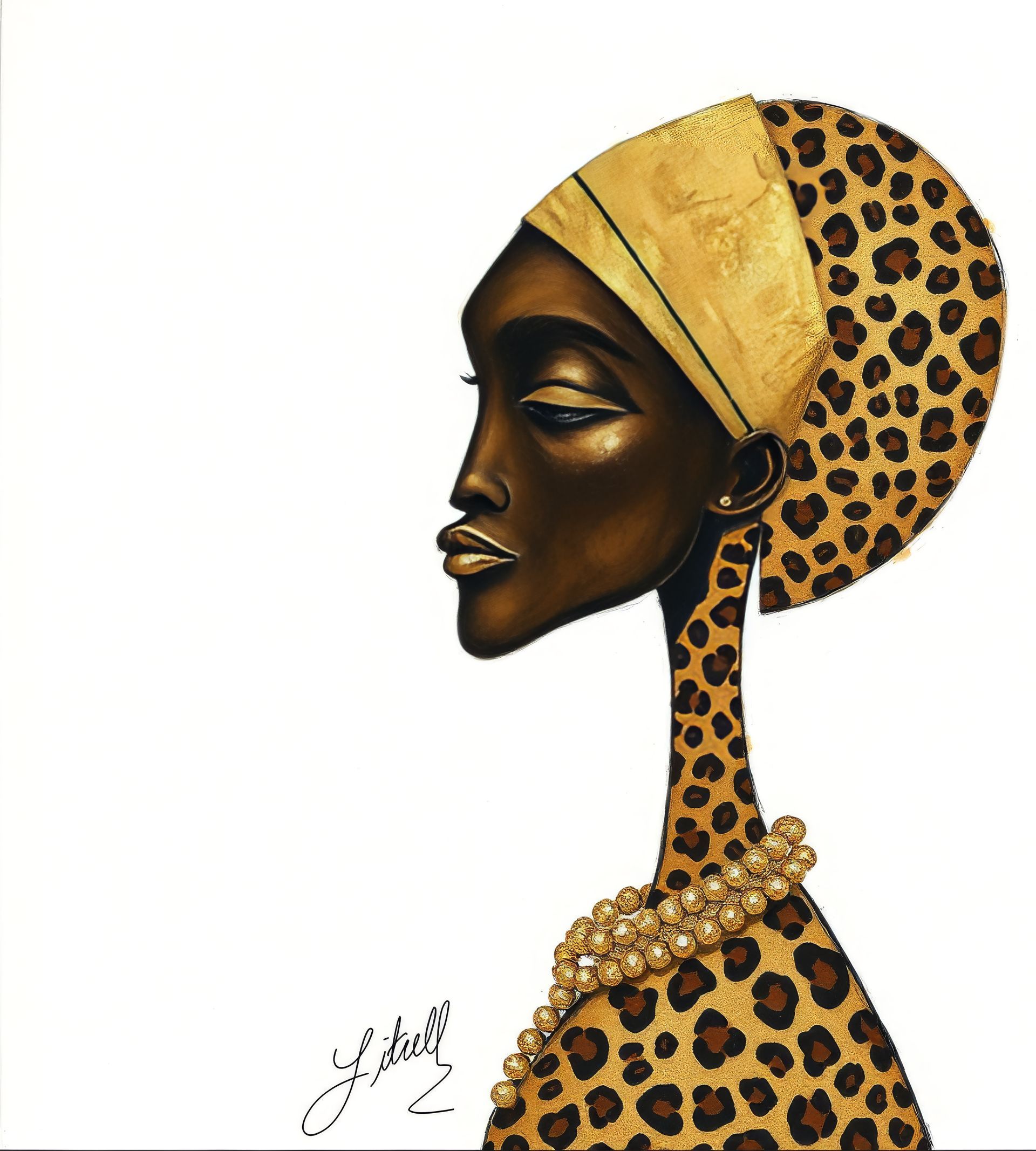 Stylized portrait in profile of a figure with a leopard-print headwrap and long neck on a white background