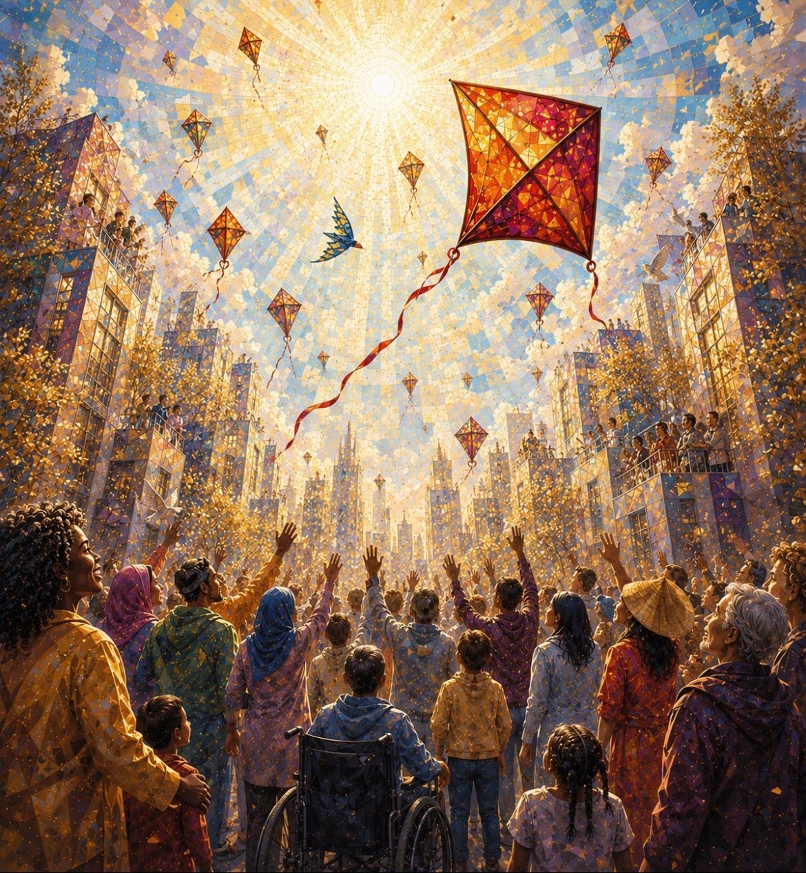 Crowd flies kites in a sunlit park, with a red kite soaring above the trees.