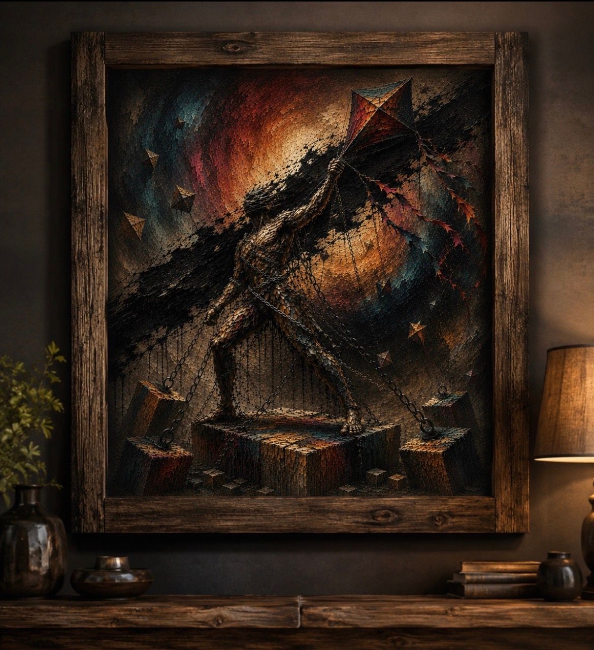 Abstract dark painting with a jagged black shape and fiery blue-orange colors in a wooden frame.