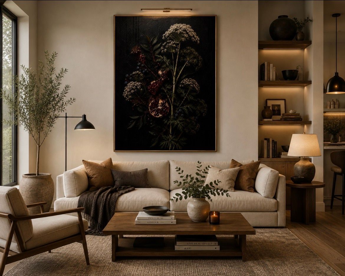 Warm living room with beige sofas, wood coffee table, floor lamp, plants, and dark floral wall art