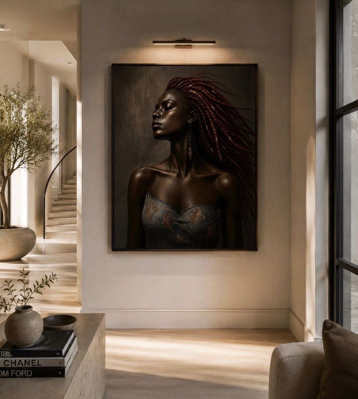 Framed portrait in a modern hallway with soft natural light and neutral decor