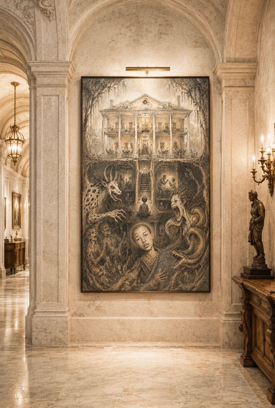 Framed monochrome painting in a stone hallway with arched ceilings and wall sconces