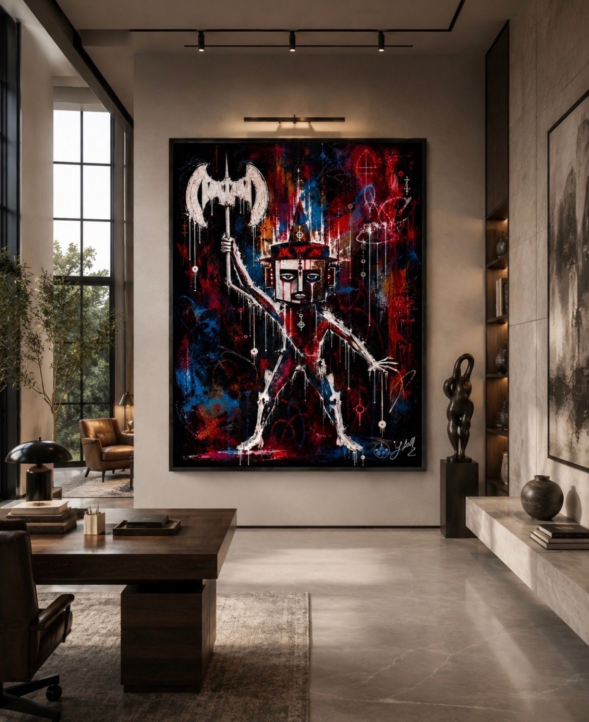 Modern living room with a large abstract black, red, and blue painting above a bench.