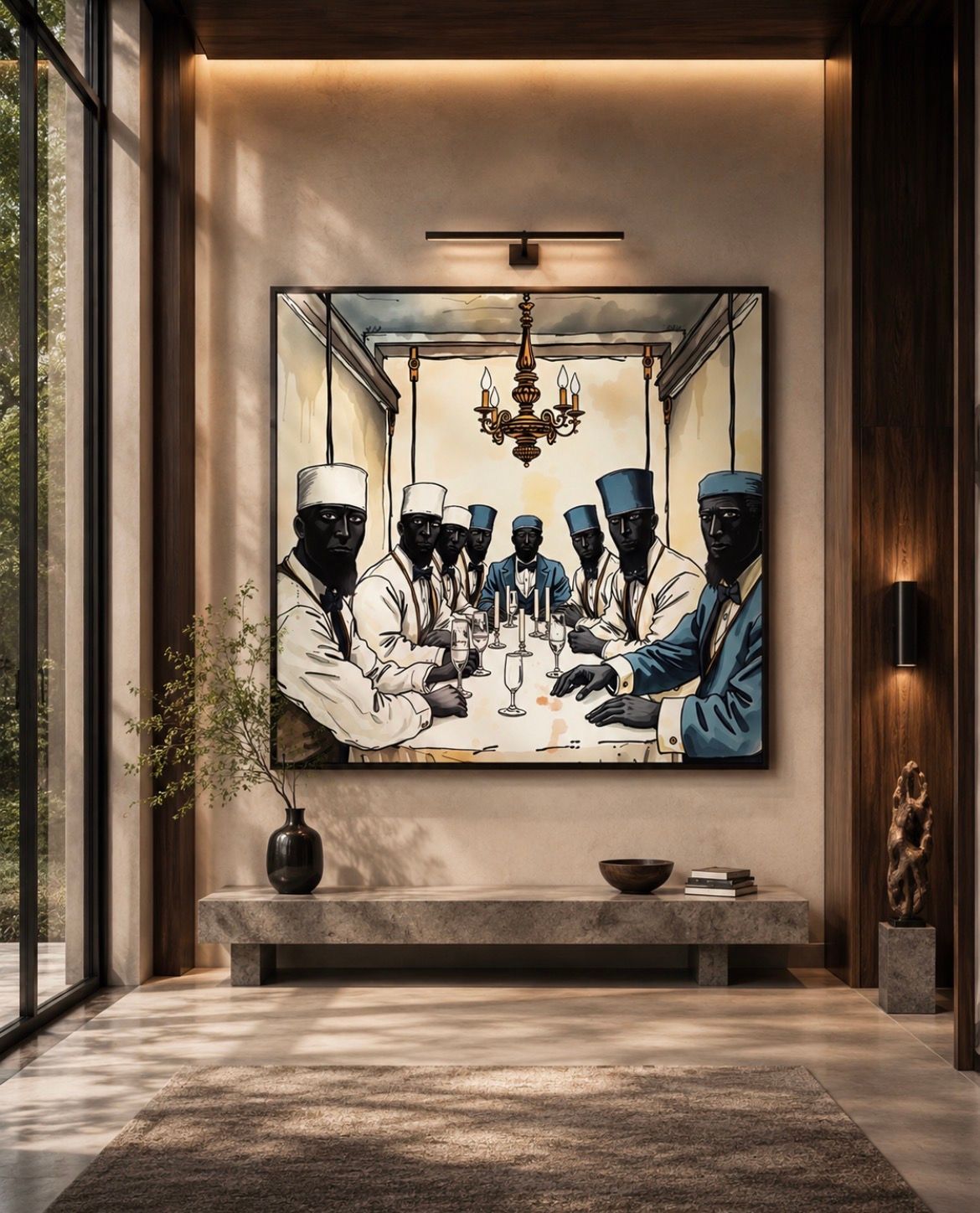 Framed artwork of a formal meeting room with figures in blue and white robes beneath a chandelier