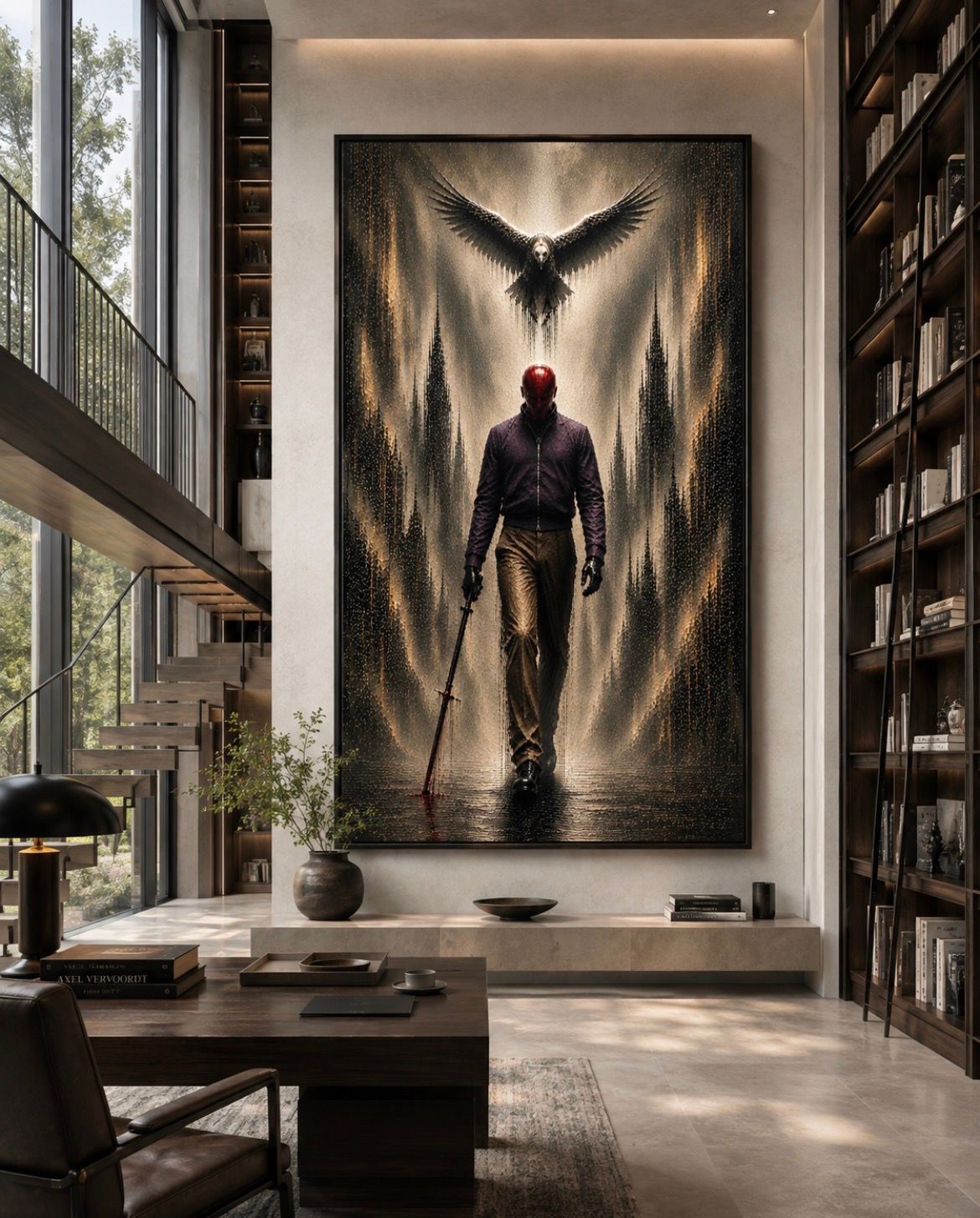 Modern living room with a large abstract wall artwork, tall bookshelves, and floor-to-ceiling windows.