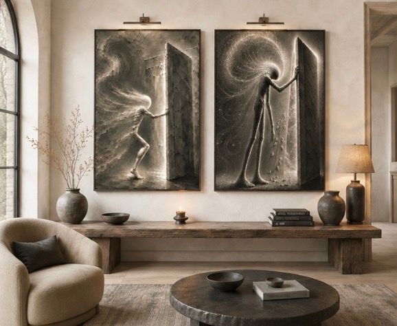 Cozy neutral living room with two abstract framed artworks, a wooden bench, and a round coffee table