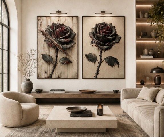 Elegant living room with beige sofas, coffee table, built-in shelves, and two large floral wall art panels.