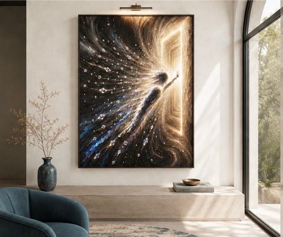 Abstract cosmic wall art in a bright modern living room by a large window