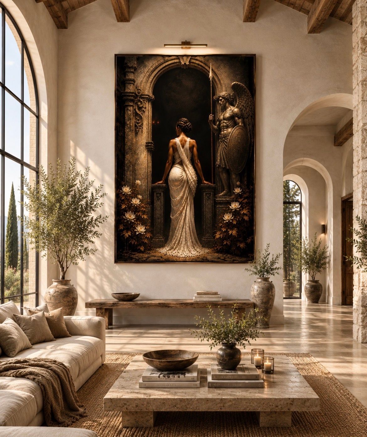 Elegant living room with arched windows, beige sofa, and a large dark portrait above a marble coffee table.
