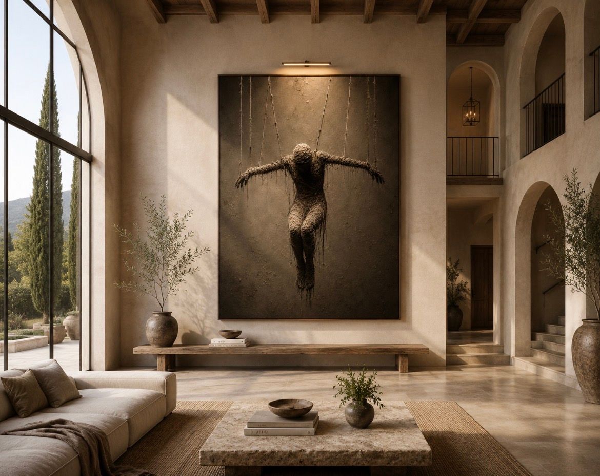 Modern living room with a large wall sculpture, arched windows, and neutral-toned decor in warm light