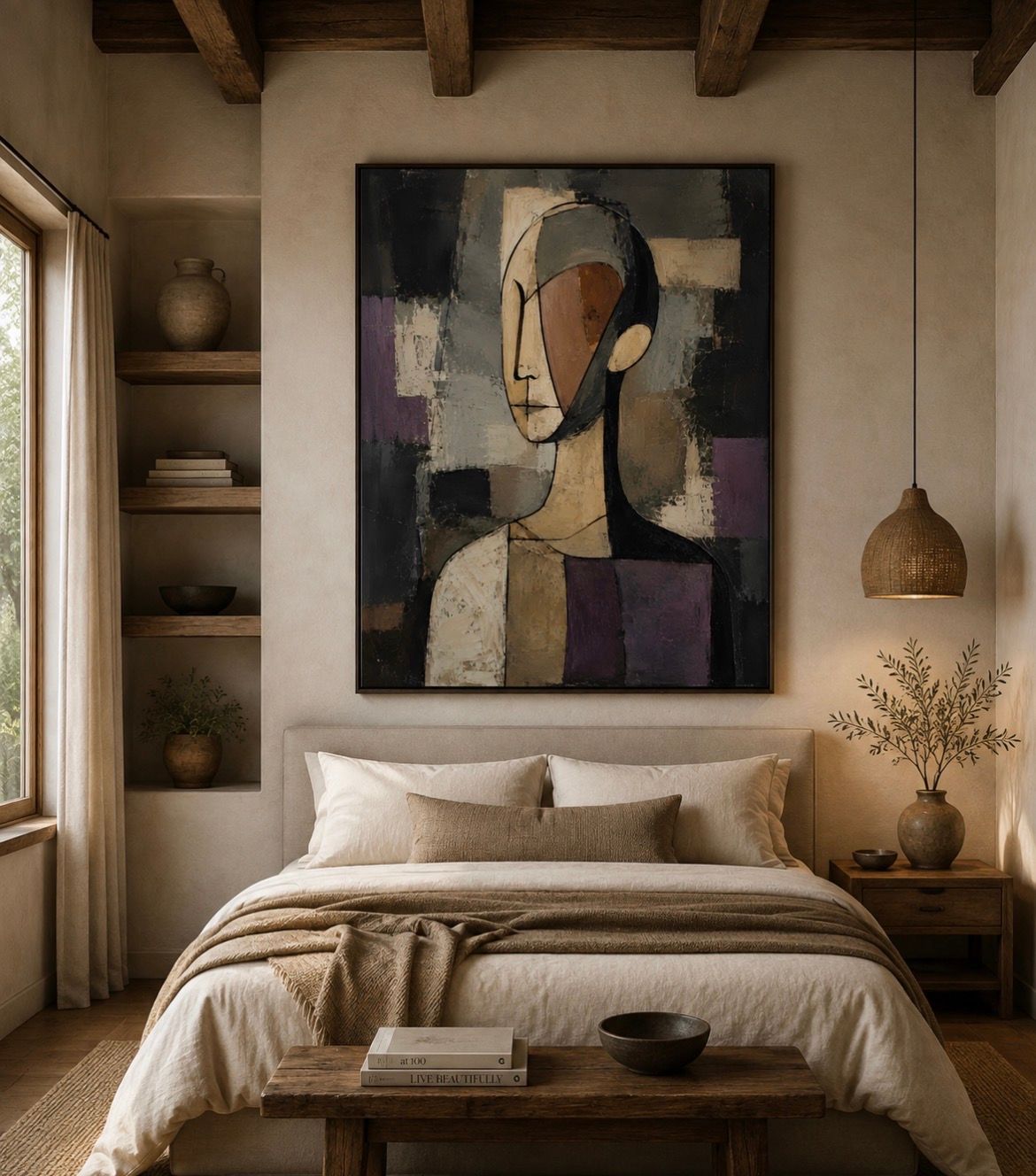 Cozy beige bedroom with an abstract portrait above the bed, shelves, pendant lamp, and rustic decor.