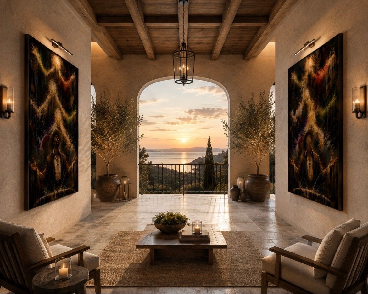 Elegant living room with wood beams, warm decor, and open doors framing a sunset ocean view