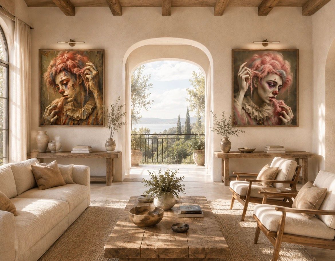 Cozy sunlit living room with beige sofas, art on the walls, and an arched doorway to a garden view