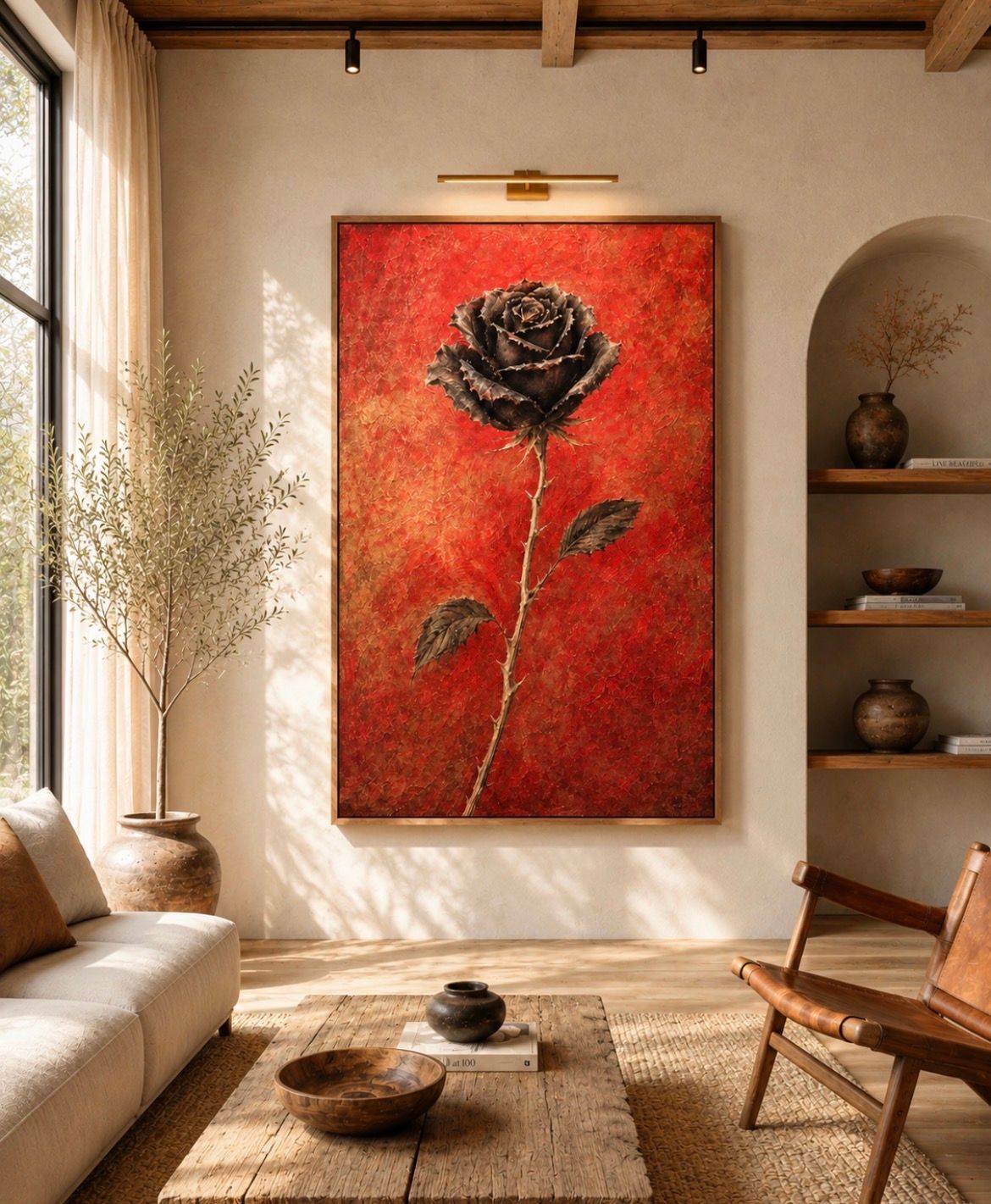 Cozy living room with a large red rose painting, beige sofa, wooden chair, and warm natural light.