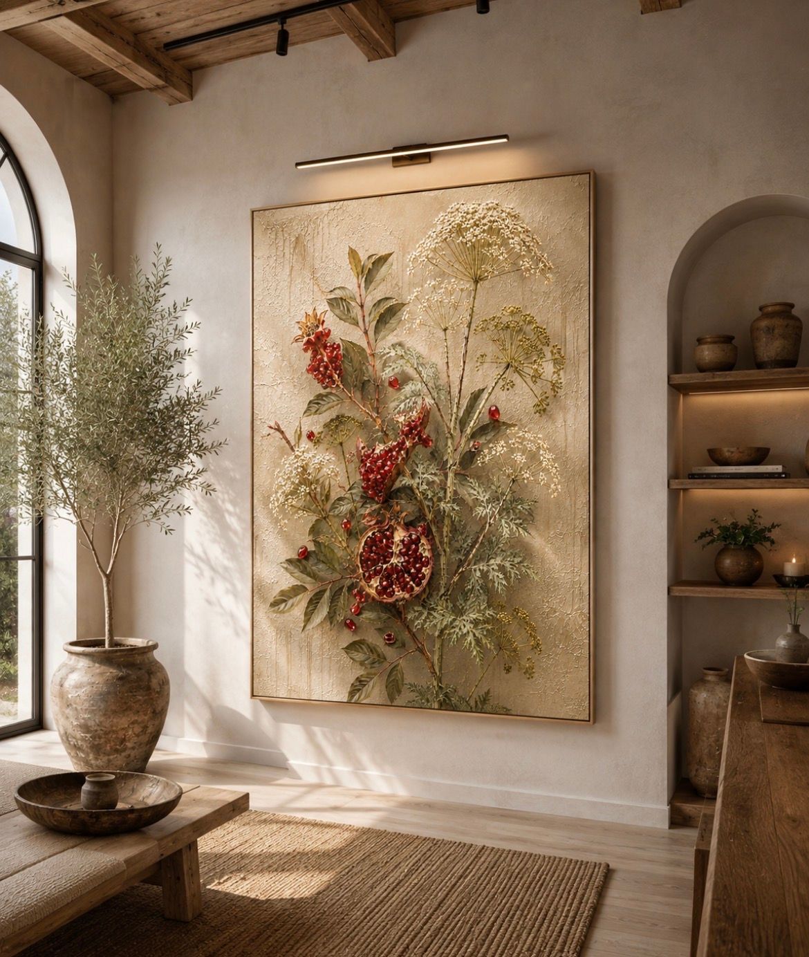 Sunlit room with large floral wall art, woven rug, and a potted tree by an arched window.