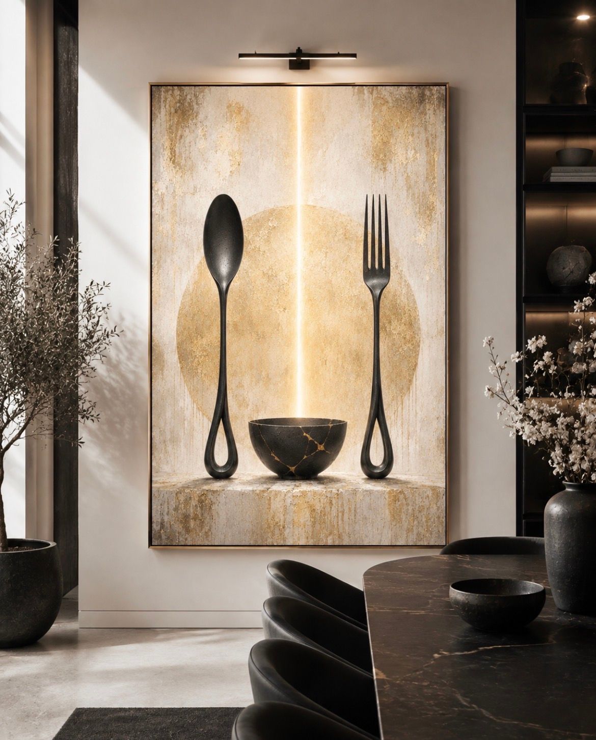 Modern dining wall art with oversized black spoon, bowl, and fork on a textured gold panel