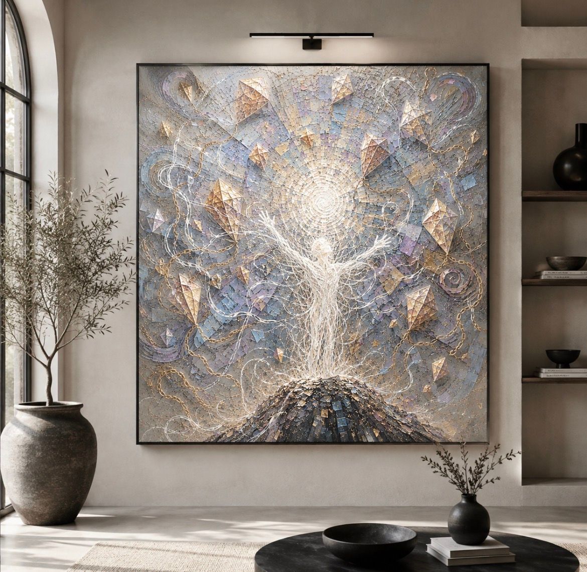 Abstract painting in a modern room, with a vase, shelves, and a table in the foreground.